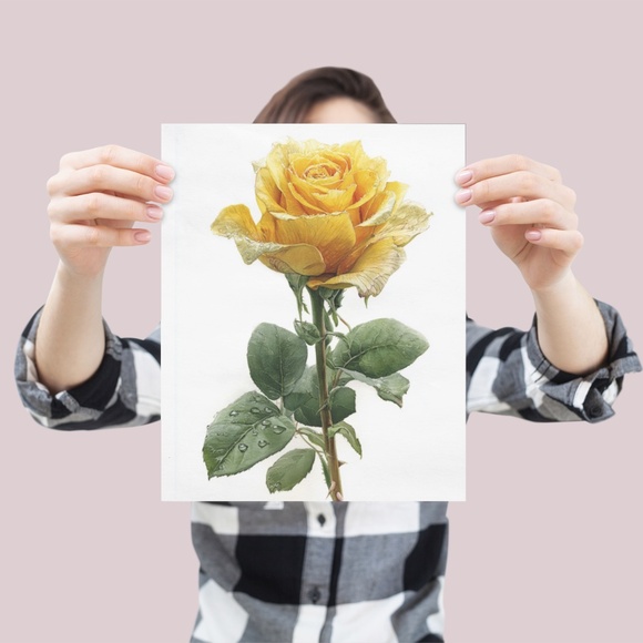Watercolor Single Yellow Rose Wall Art Print Poster, Unframed - Delicate Floral - Picture 4 of 6
